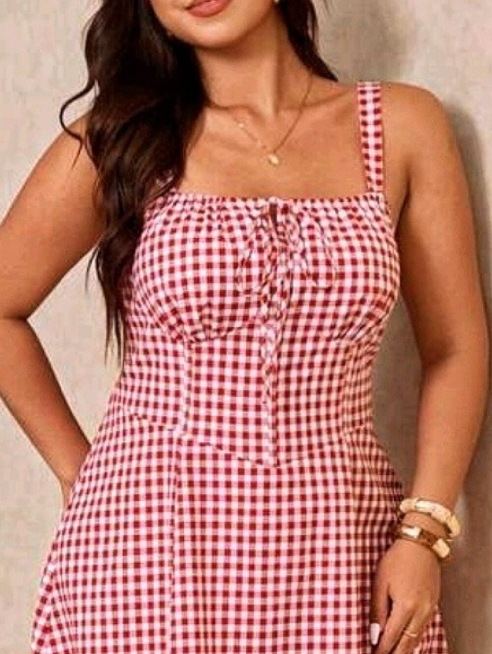 New Gingham Lace Up Back A Line Midi Dress PLUS Red White - Picture 5 of 11